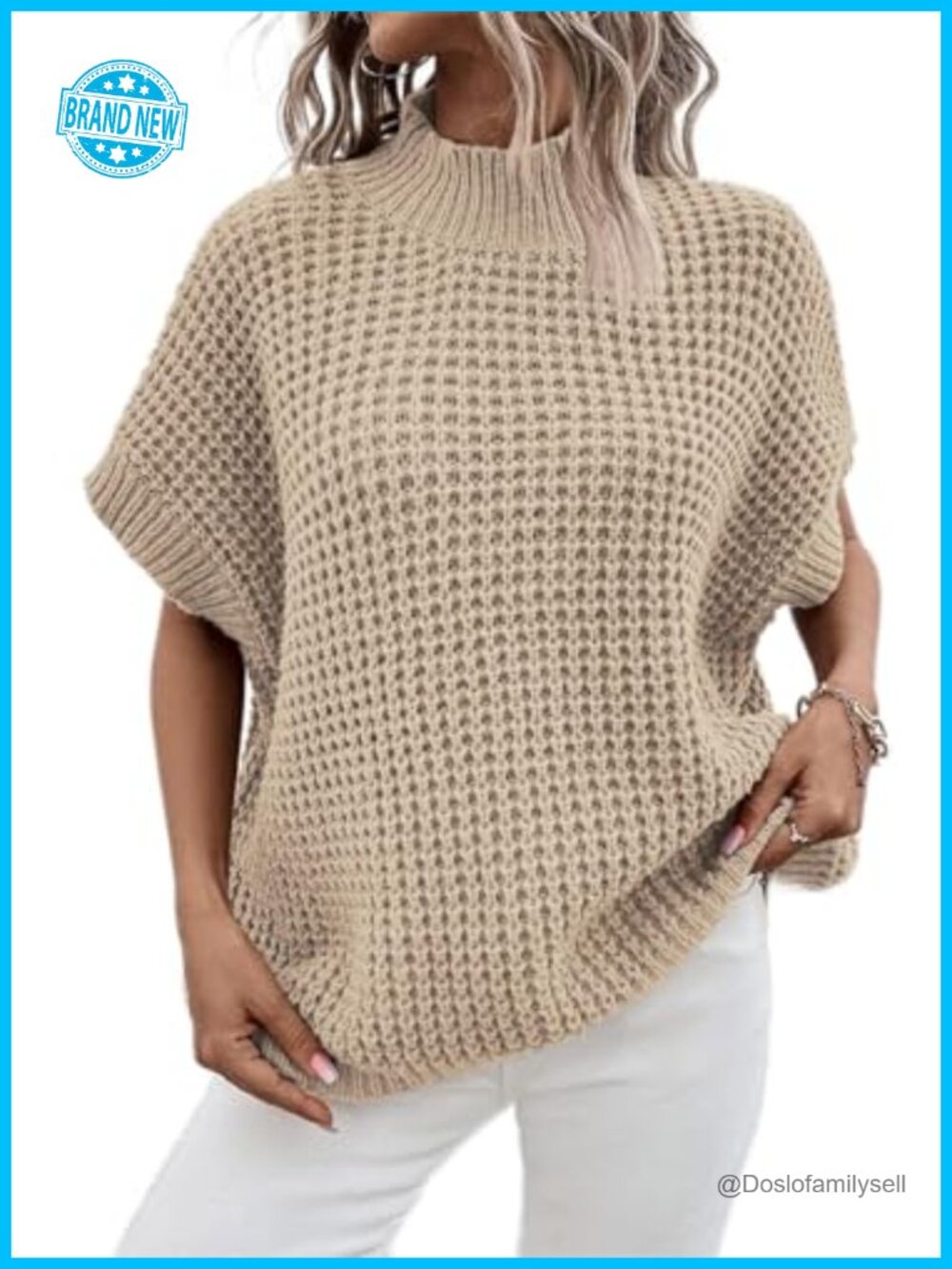 Oversized Short Batwing Sleeve Mock Neck Sweater Vest Fall Sleeveless Pullover